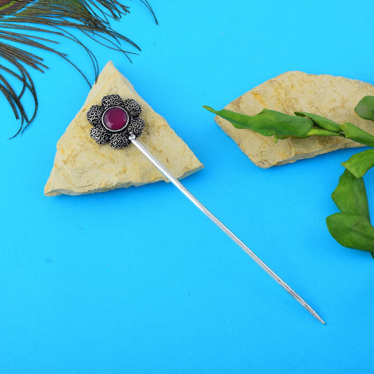 Elegant Rani Color Oxidised Hair Pin Designed For Traditional Wear And Party Styling Jewelry