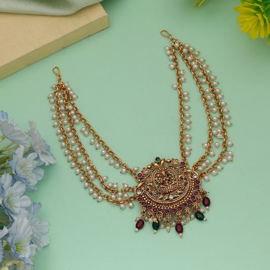 Stylische Haarspange in Kastanienrot & Grün mit antikem, von Tempeln inspiriertem Kunstwerk
