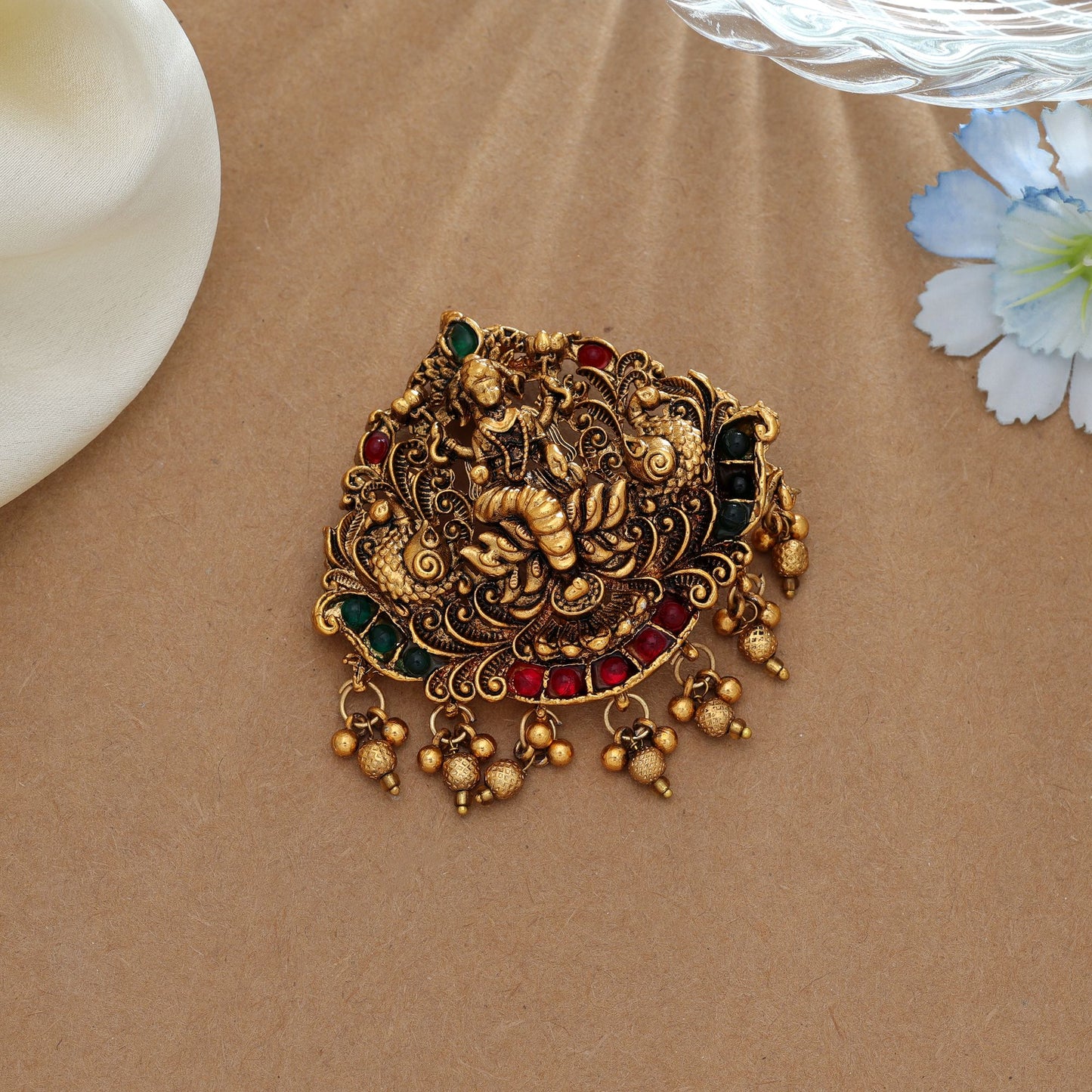 Graceful Rani & Green Color Temple Hair Barrette Bridal Ethnic Hair Jewelry