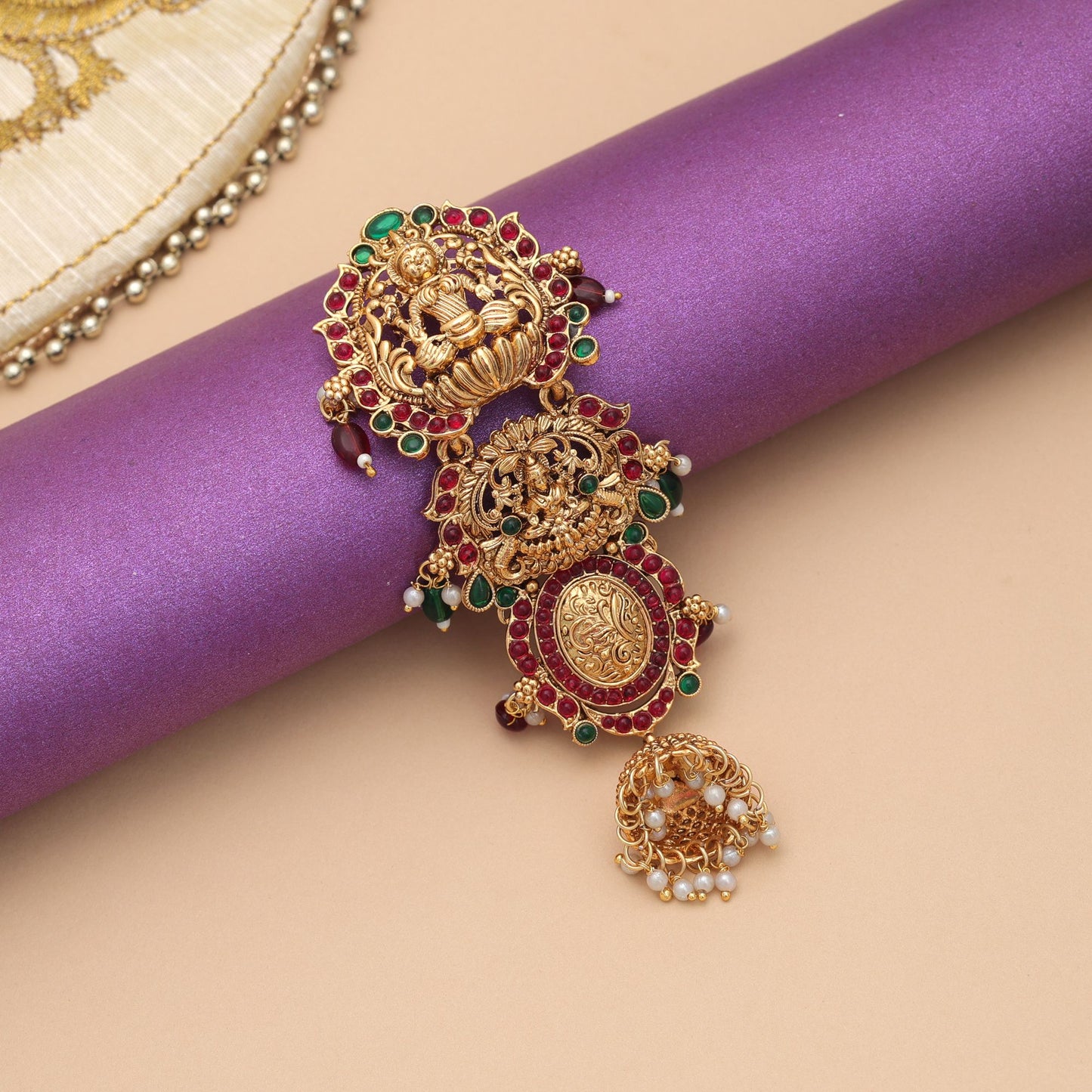 Elegant Maroon & Green Color Temple Hair Barrette With Traditional Ethnic Jewelry Artwork