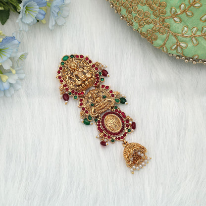 Elegant Maroon & Green Color Temple Hair Barrette With Traditional Ethnic Jewelry Artwork