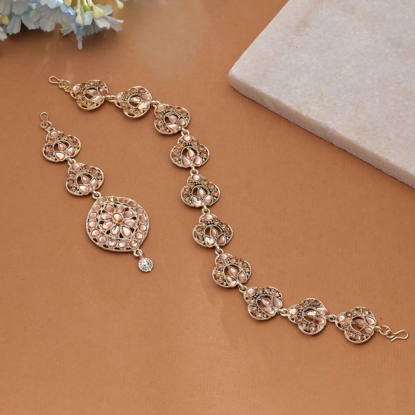 Light Brown Color Kundan Mathapatti with Maangtika Crafted with Beautiful Details for Festive Bridal Wear