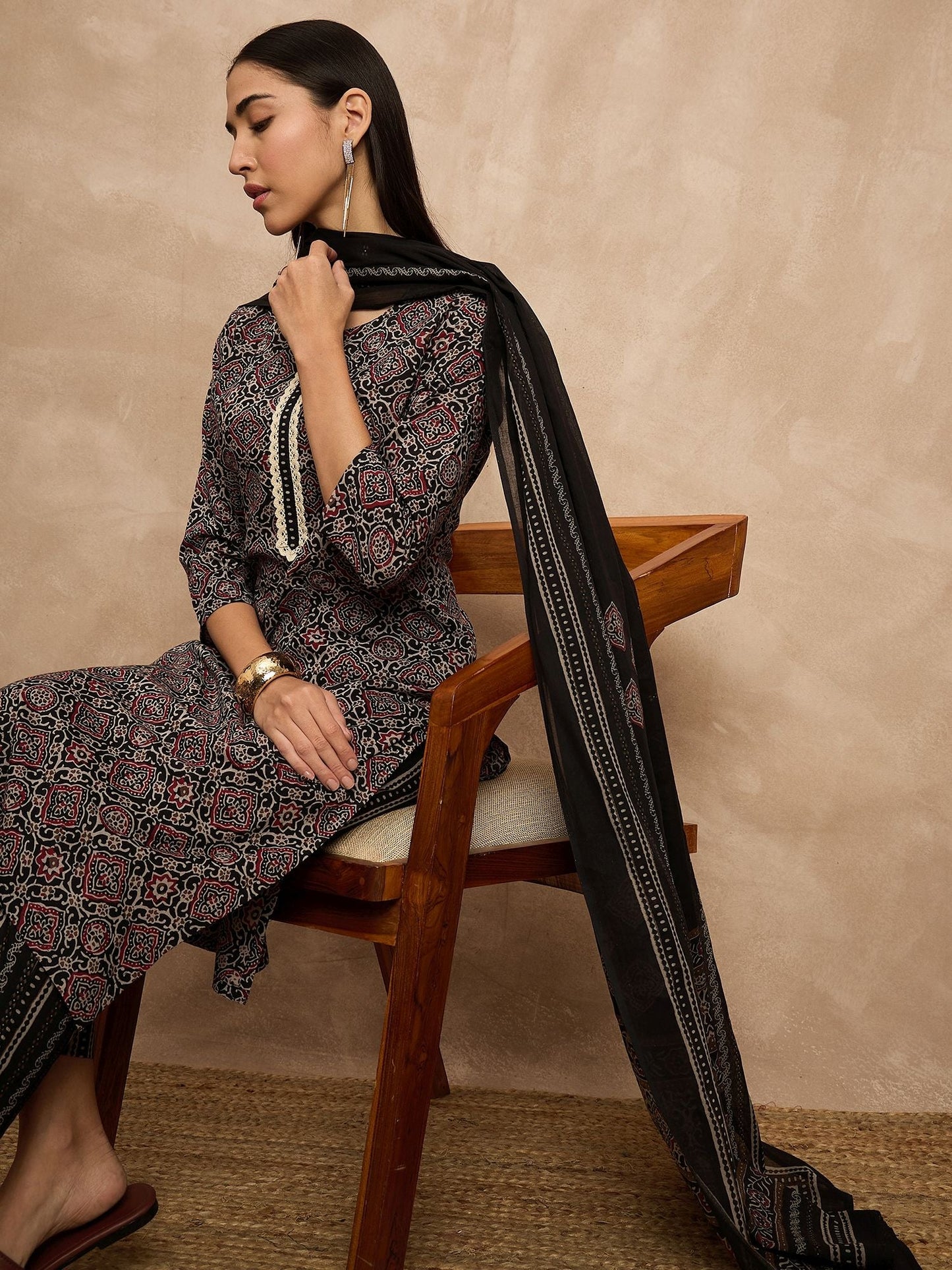 Black Color Ethnic Motifs Printed Pure Cotton Straight Kurta With Trousers & Dupatta
