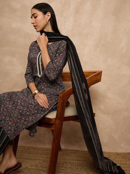 Black Color Ethnic Motifs Printed Pure Cotton Straight Kurta With Trousers & Dupatta
