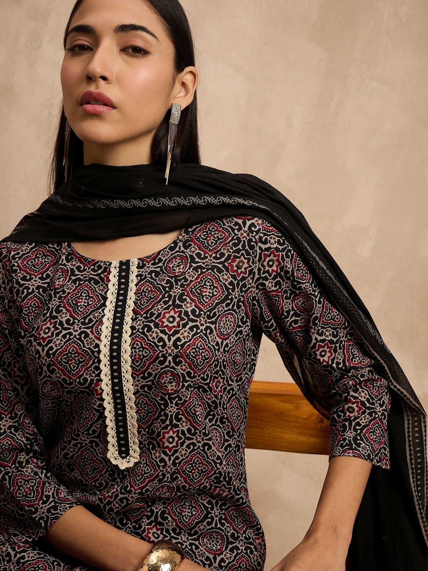 Black Color Ethnic Motifs Printed Pure Cotton Straight Kurta With Trousers & Dupatta