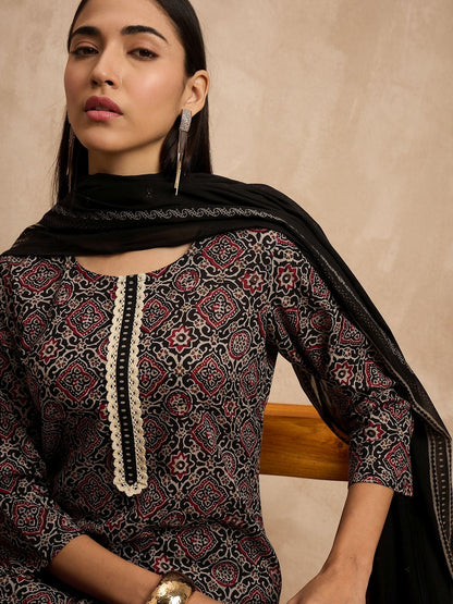 Black Color Ethnic Motifs Printed Pure Cotton Straight Kurta With Trousers & Dupatta