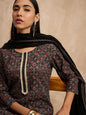Black Color Ethnic Motifs Printed Pure Cotton Straight Kurta With Trousers & Dupatta