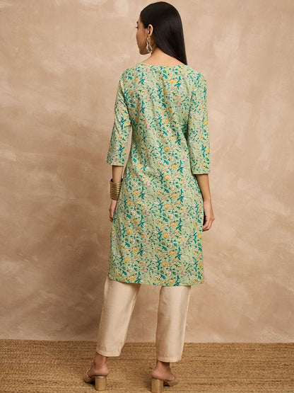 Gerade Kurta aus Baumwolle mit Blumenmuster in Grün und Gelb