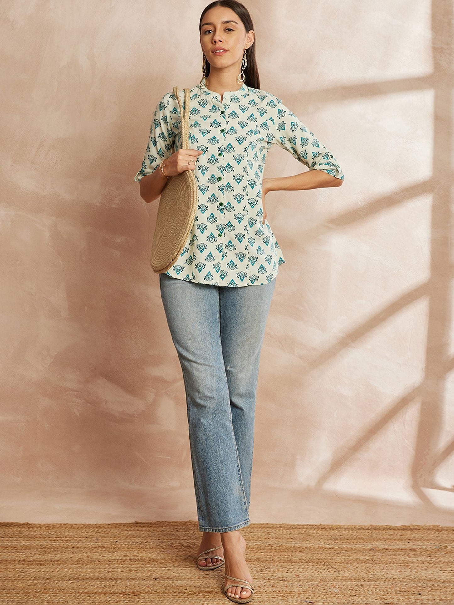 White & Blue Color Ethnic Motifs Printed Mandarin Collar Tunic Top