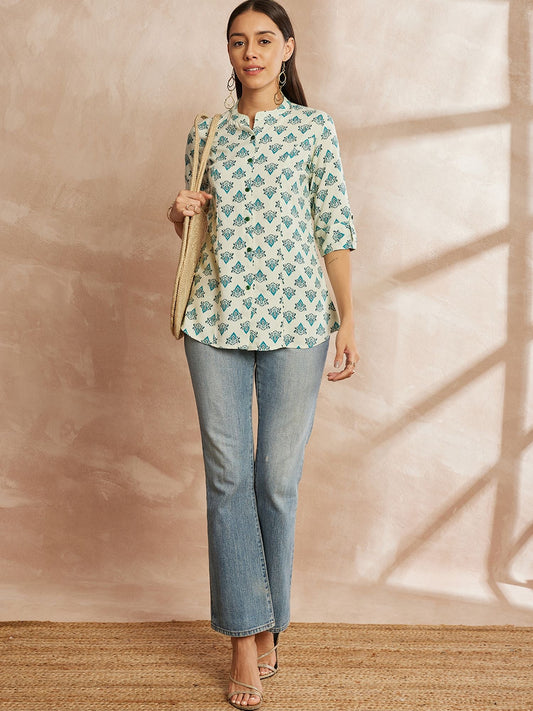 White & Blue Color Ethnic Motifs Printed Mandarin Collar Tunic Top