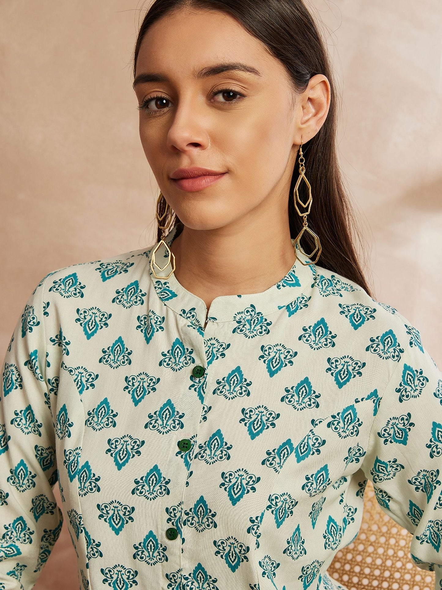 White & Blue Color Ethnic Motifs Printed Mandarin Collar Tunic Top