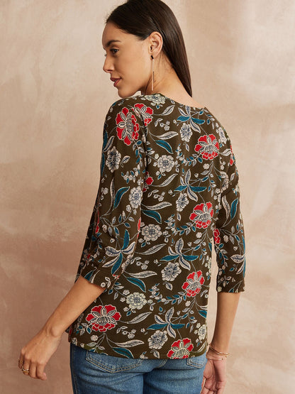 Olive Green Color Floral Printed Tie-Up Neck Top