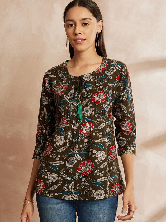 Olive Green Color Floral Printed Tie-Up Neck Top