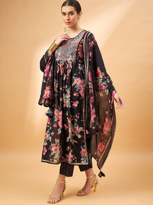 Black Color Floral Printed Thread Work A-Line Kurta & Trousers With Dupatta