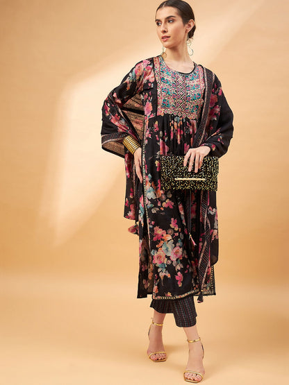 Black Color Floral Printed Thread Work A-Line Kurta & Trousers With Dupatta