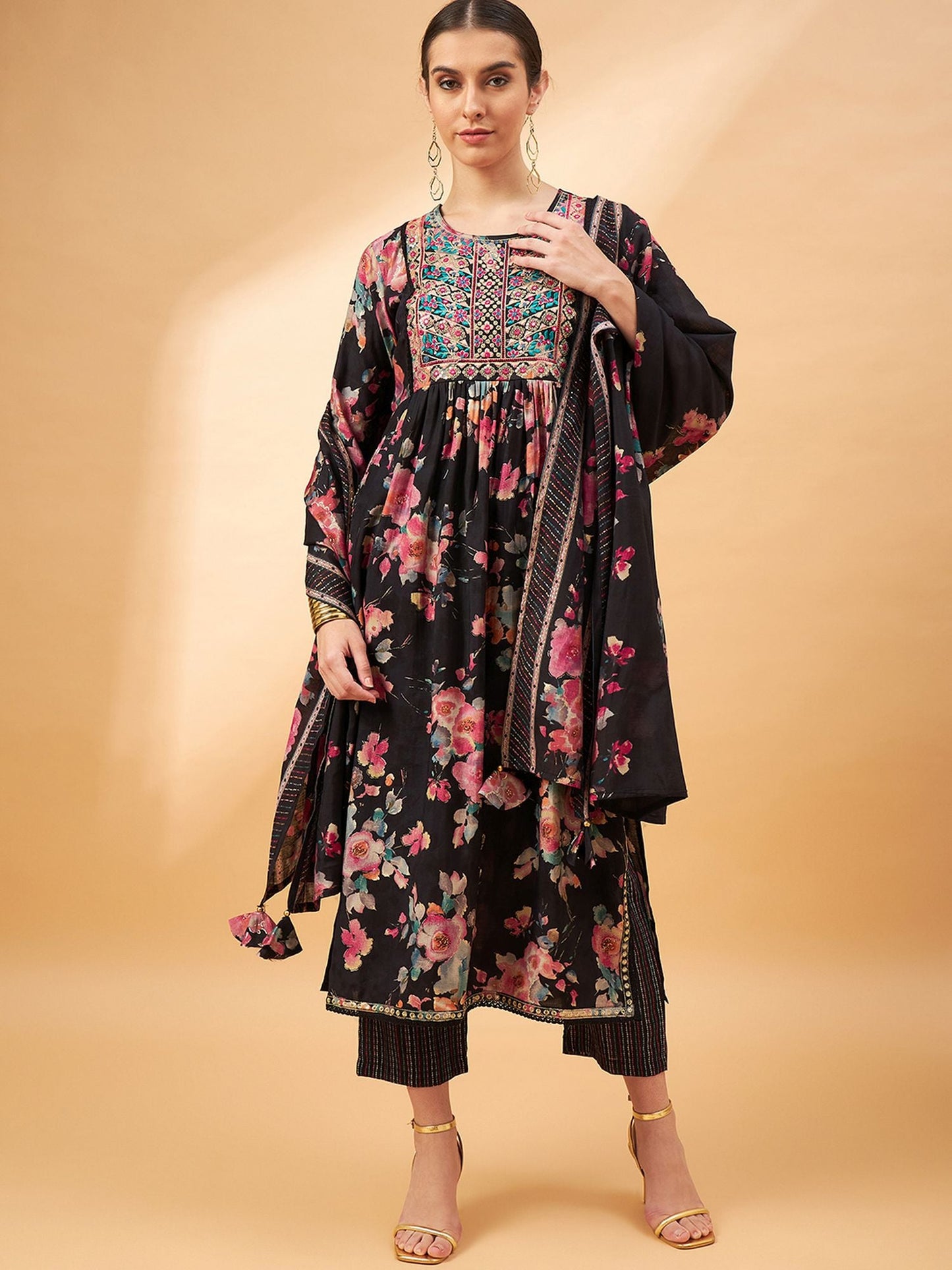 Black Color Floral Printed Thread Work A-Line Kurta & Trousers With Dupatta