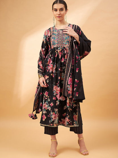 Black Color Floral Printed Thread Work A-Line Kurta & Trousers With Dupatta