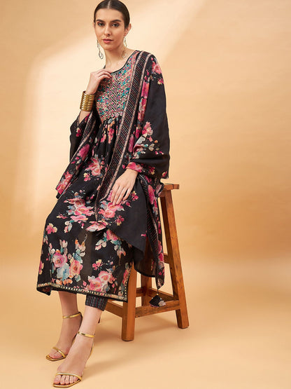 Black Color Floral Printed Thread Work A-Line Kurta & Trousers With Dupatta