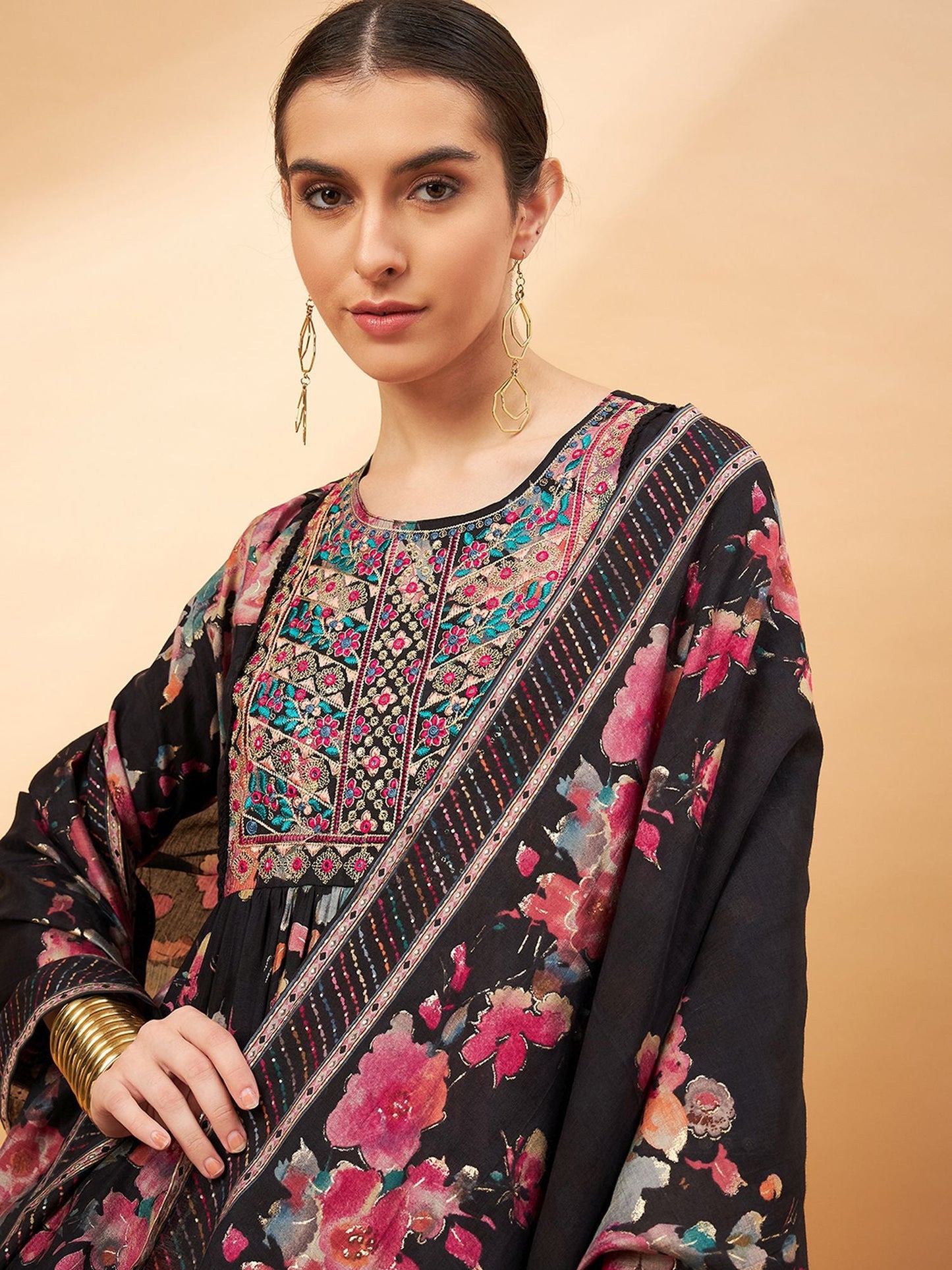 Black Color Floral Printed Thread Work A-Line Kurta & Trousers With Dupatta