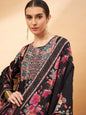 Black Color Floral Printed Thread Work A-Line Kurta & Trousers With Dupatta