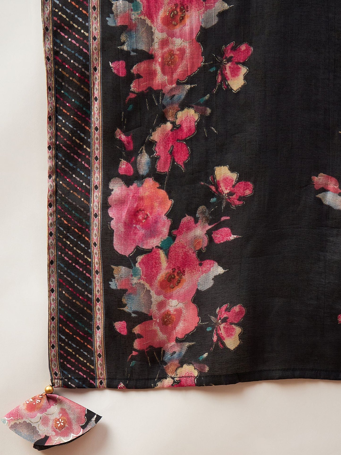 Black Color Floral Printed Thread Work A-Line Kurta & Trousers With Dupatta