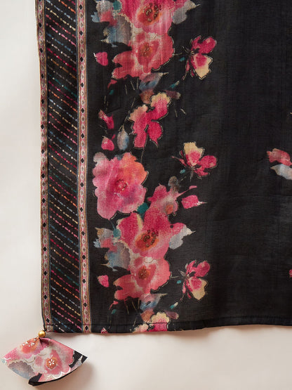 Black Color Floral Printed Thread Work A-Line Kurta & Trousers With Dupatta