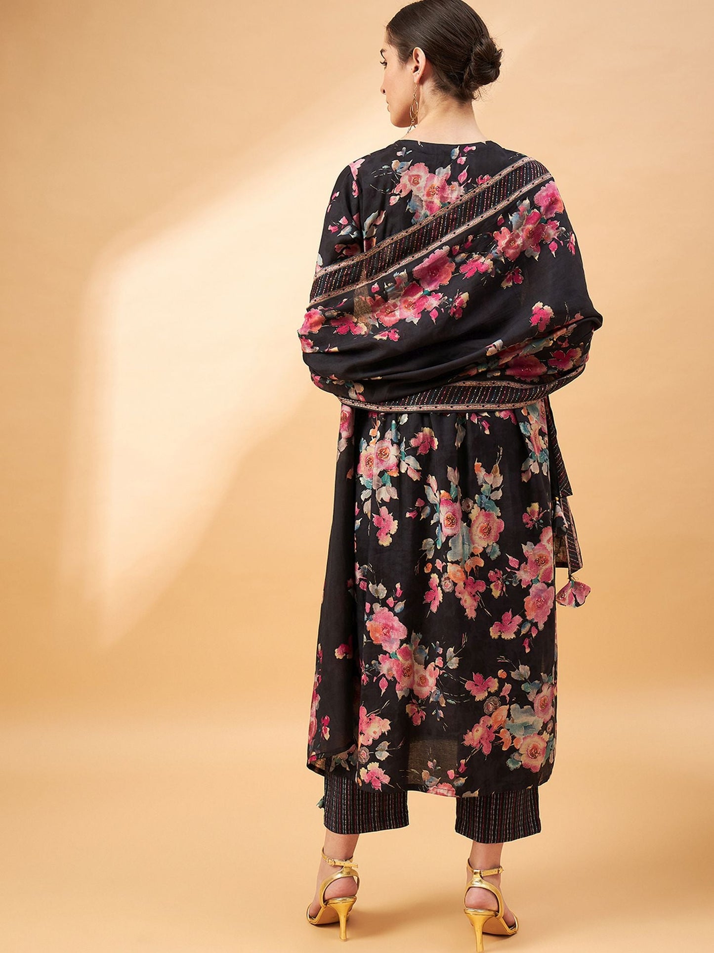 Black Color Floral Printed Thread Work A-Line Kurta & Trousers With Dupatta