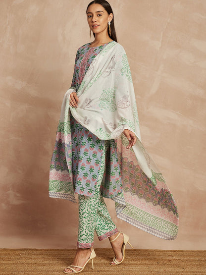 Kurta und Hose aus reiner Baumwolle mit Dupatta in Grau und Rosa mit ethnischen Motiven bedruckt