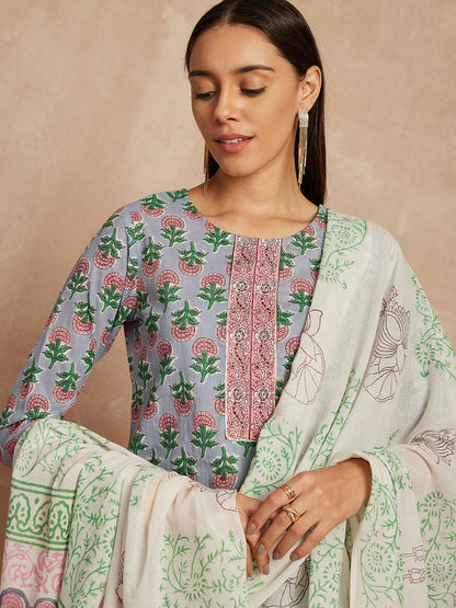 Kurta und Hose aus reiner Baumwolle mit Dupatta in Grau und Rosa mit ethnischen Motiven bedruckt