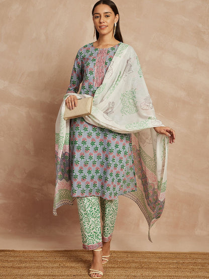 Kurta und Hose aus reiner Baumwolle mit Dupatta in Grau und Rosa mit ethnischen Motiven bedruckt