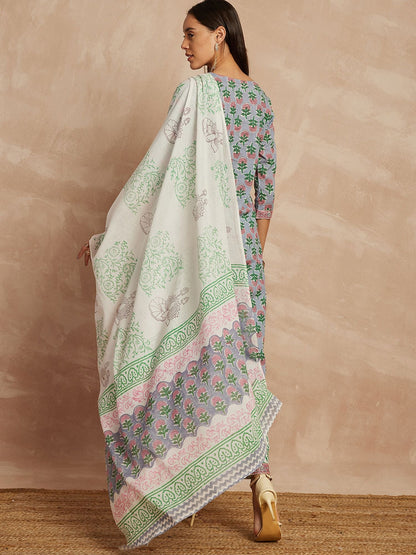 Kurta und Hose aus reiner Baumwolle mit Dupatta in Grau und Rosa mit ethnischen Motiven bedruckt