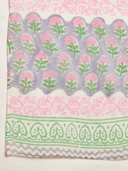 Kurta und Hose aus reiner Baumwolle mit Dupatta in Grau und Rosa mit ethnischen Motiven bedruckt