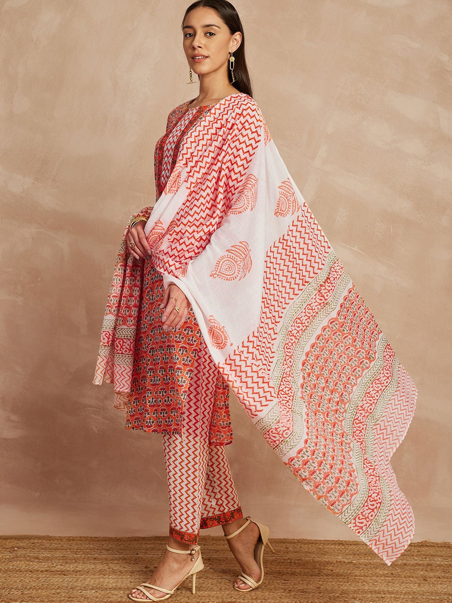 Orange Color Ethnic Motifs Printed Pure Cotton Straight Kurta & Trousers With Dupatta