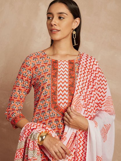 Orange Color Ethnic Motifs Printed Pure Cotton Straight Kurta & Trousers With Dupatta