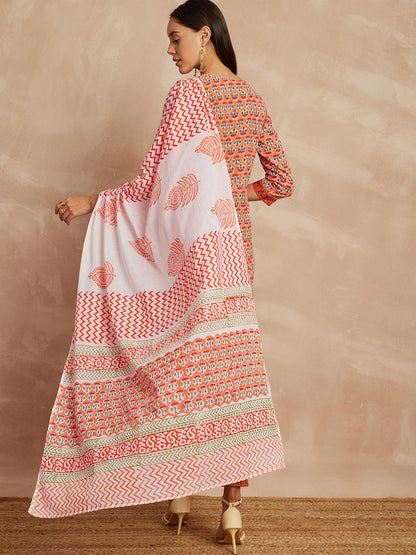 Orange Color Ethnic Motifs Printed Pure Cotton Straight Kurta & Trousers With Dupatta