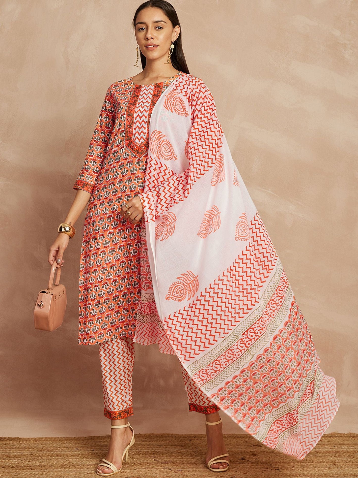 Orange Color Ethnic Motifs Printed Pure Cotton Straight Kurta & Trousers With Dupatta