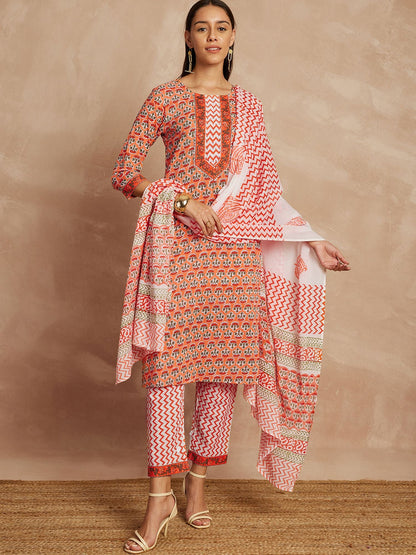 Orange Color Ethnic Motifs Printed Pure Cotton Straight Kurta & Trousers With Dupatta