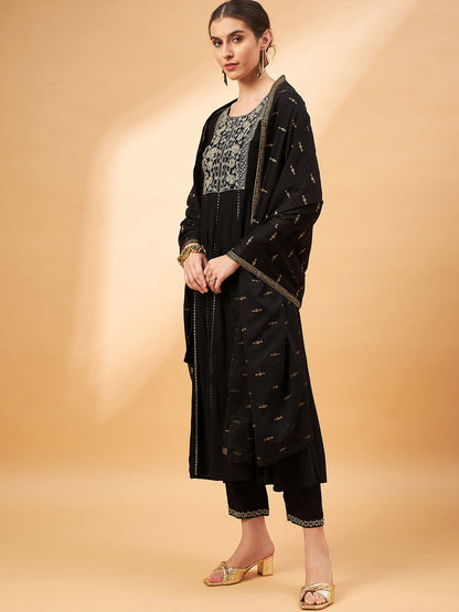 Black Color Embroidered Gotta Patti Sequined Anarkali Kurta With Trousers & Dupatta