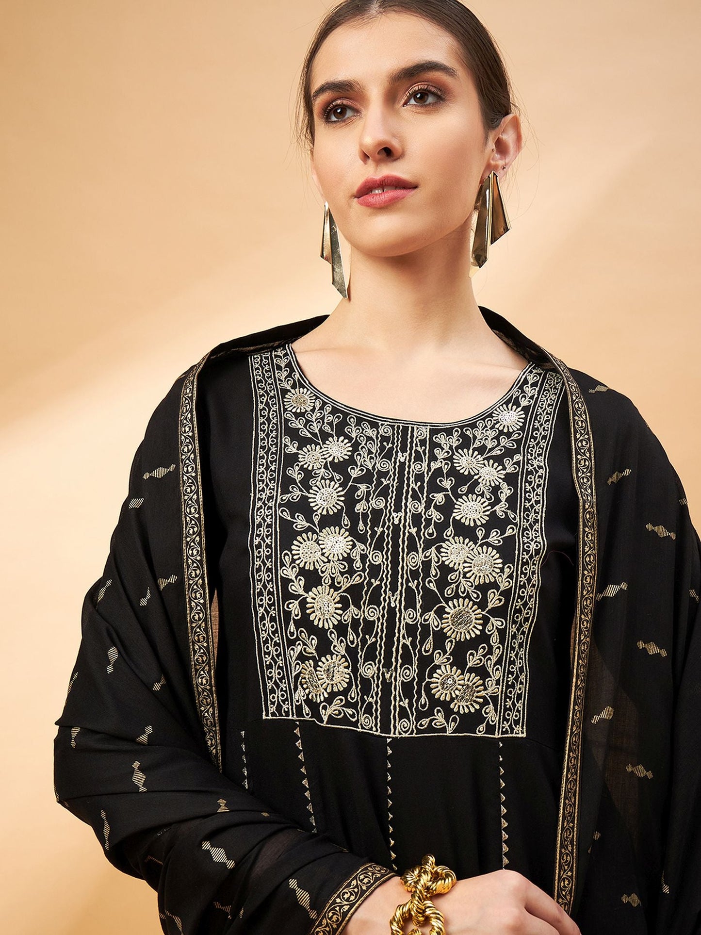 Black Color Embroidered Gotta Patti Sequined Anarkali Kurta With Trousers & Dupatta