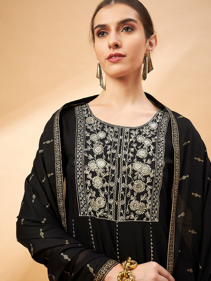 Black Color Embroidered Gotta Patti Sequined Anarkali Kurta With Trousers & Dupatta