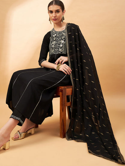 Black Color Embroidered Gotta Patti Sequined Anarkali Kurta With Trousers & Dupatta