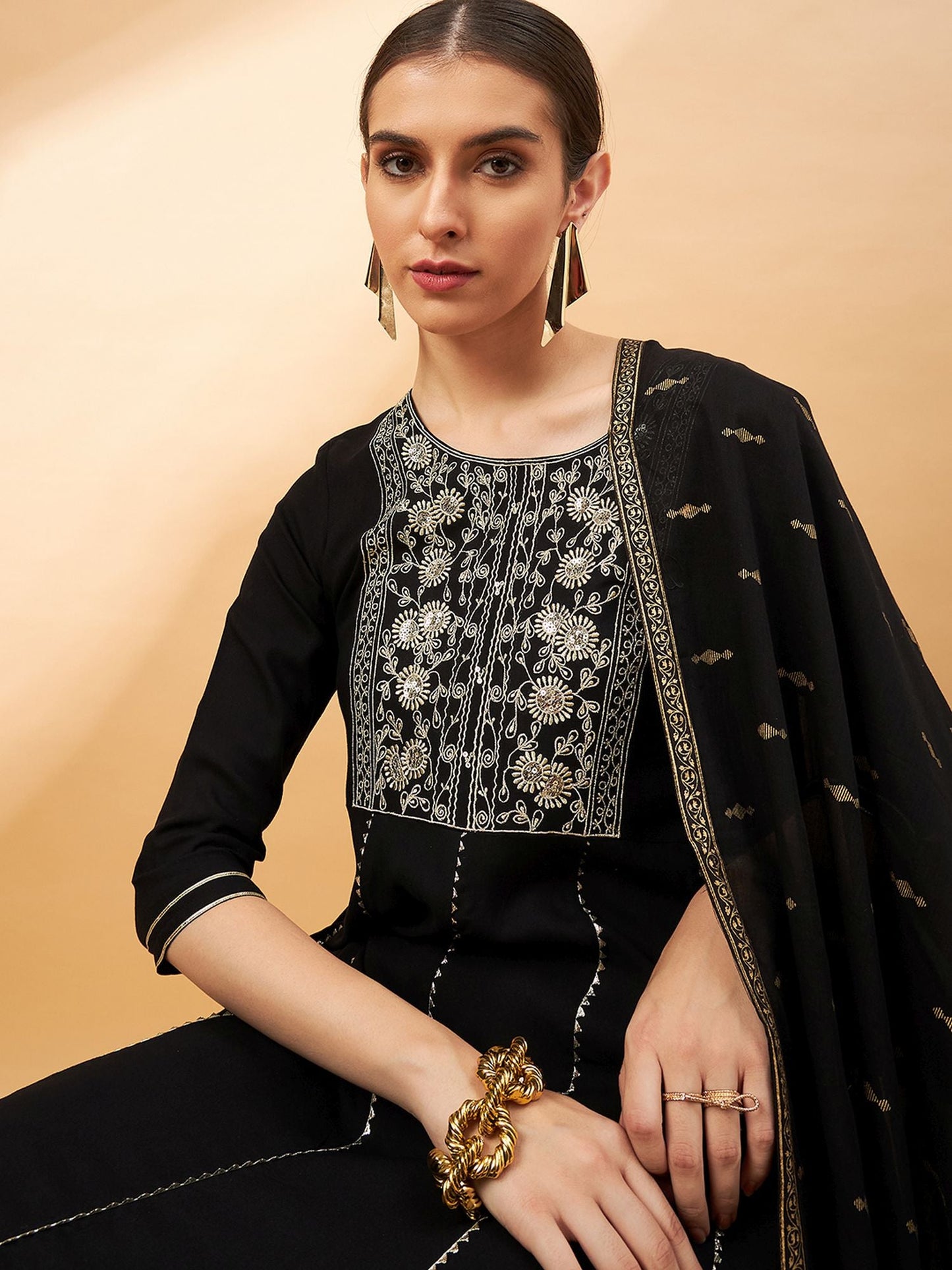 Black Color Embroidered Gotta Patti Sequined Anarkali Kurta With Trousers & Dupatta