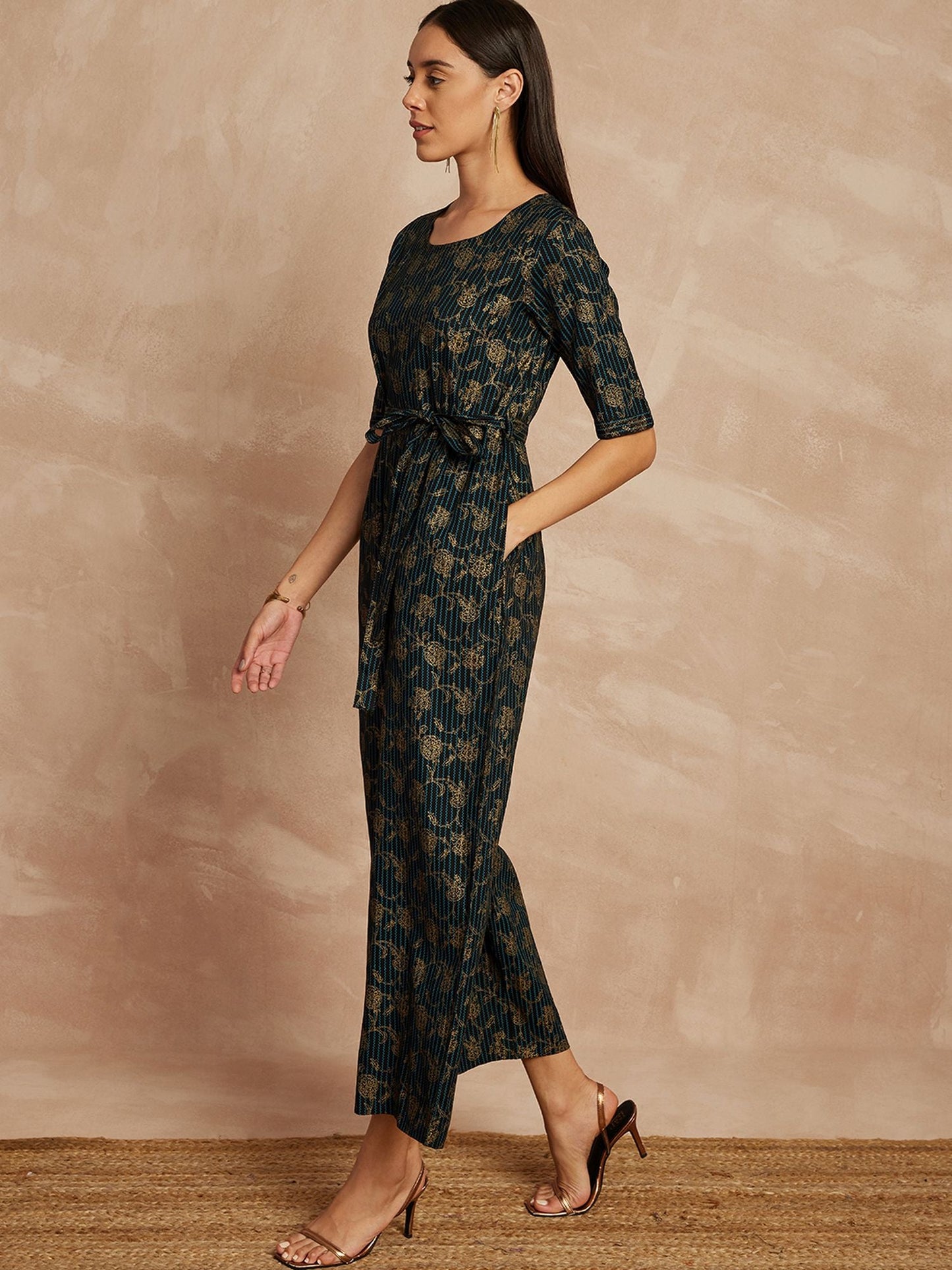 Black & Blue Color Floral Printed Waist Tie-Ups Basic Jumpsuit