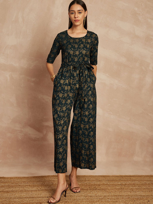 Black & Blue Color Floral Printed Waist Tie-Ups Basic Jumpsuit