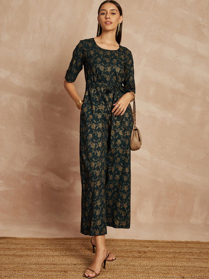 Black & Blue Color Floral Printed Waist Tie-Ups Basic Jumpsuit