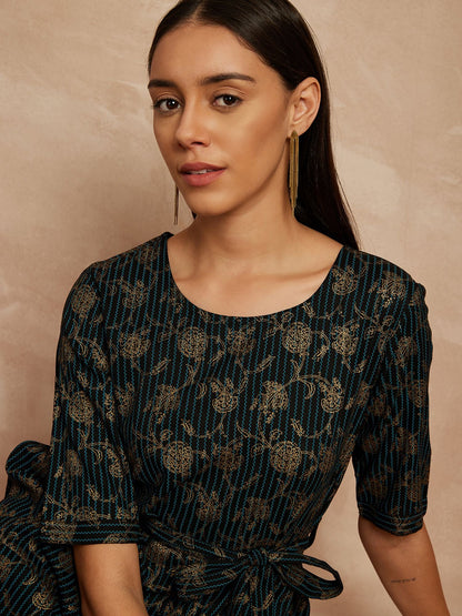 Black & Blue Color Floral Printed Waist Tie-Ups Basic Jumpsuit