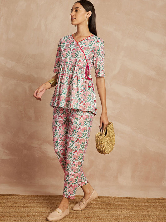 Multi Color Floral Printed Angrakha Pure Cotton Kurti with Trousers