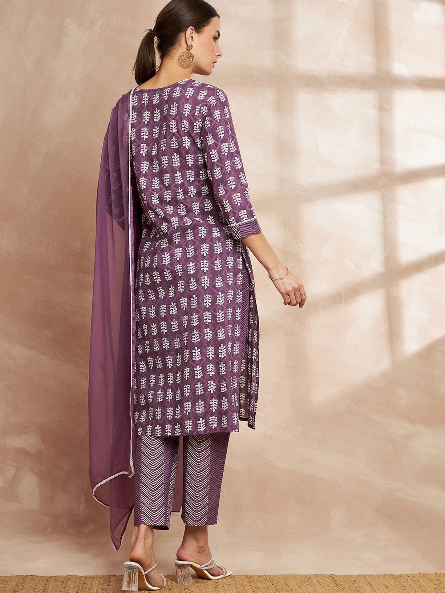 Purple Color Ethnic Motifs Printed Regular Pure Cotton Kurta with Trousers & With Dupatta