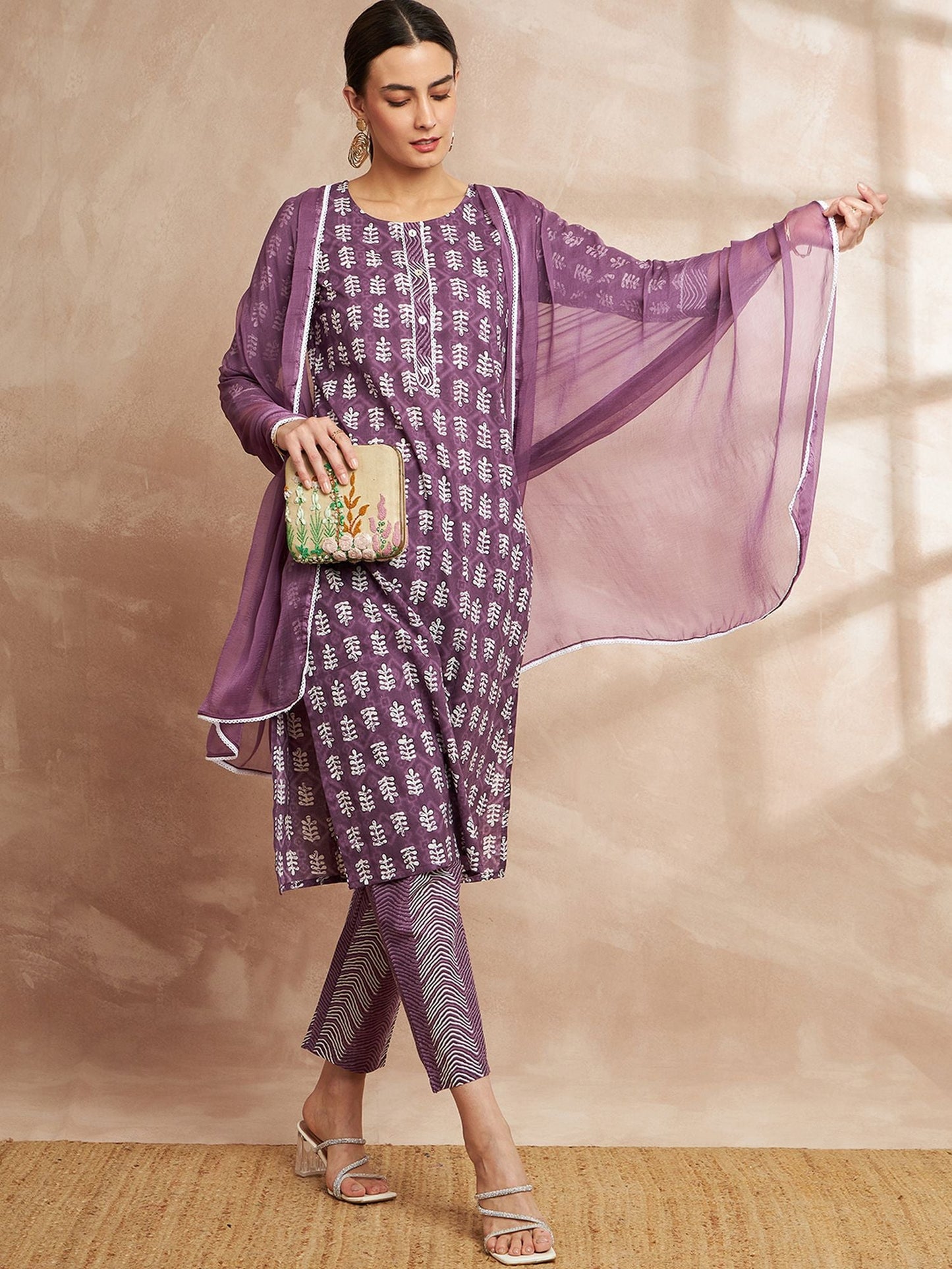 Purple Color Ethnic Motifs Printed Regular Pure Cotton Kurta with Trousers & With Dupatta