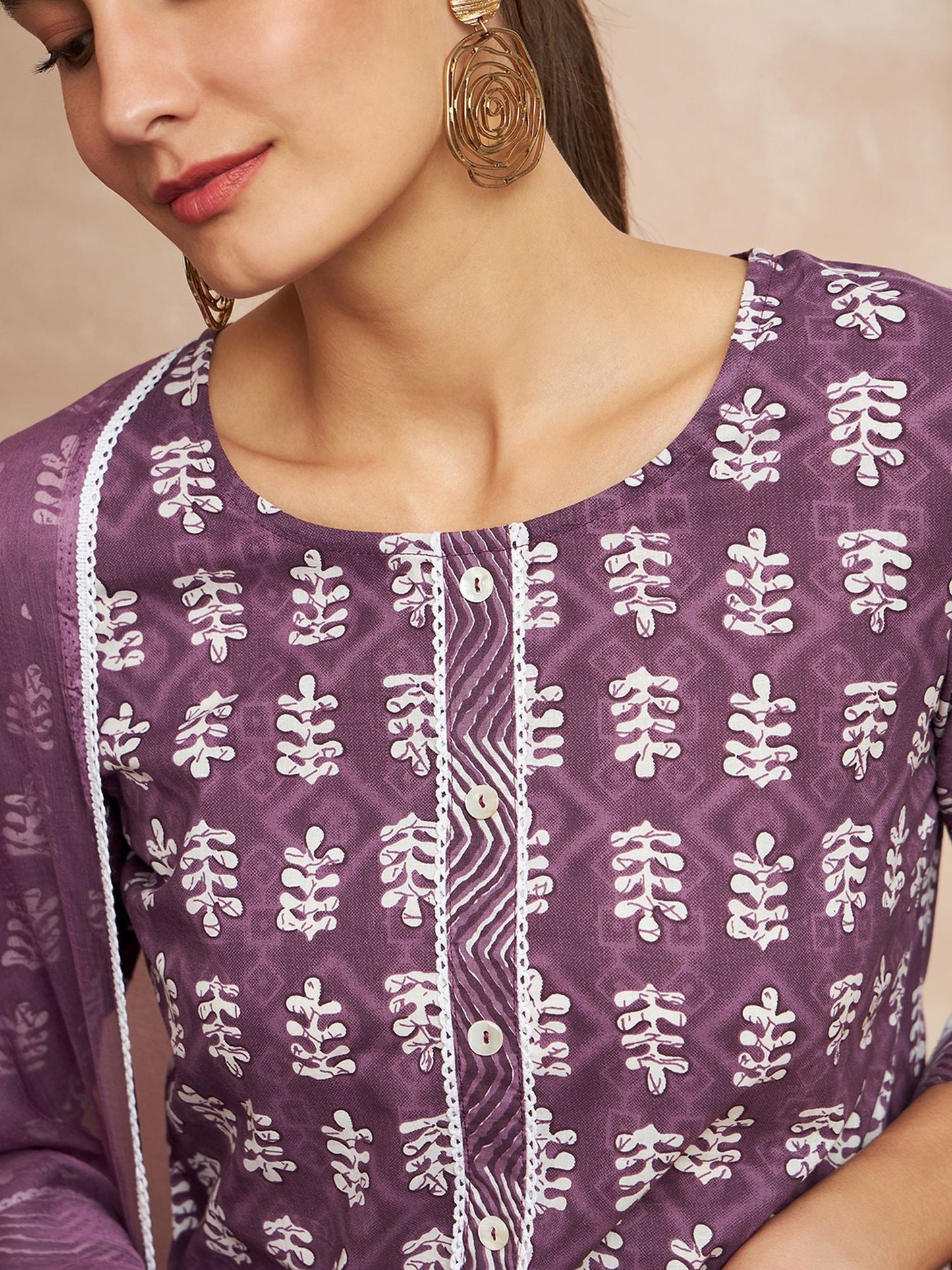 Purple Color Ethnic Motifs Printed Regular Pure Cotton Kurta with Trousers & With Dupatta